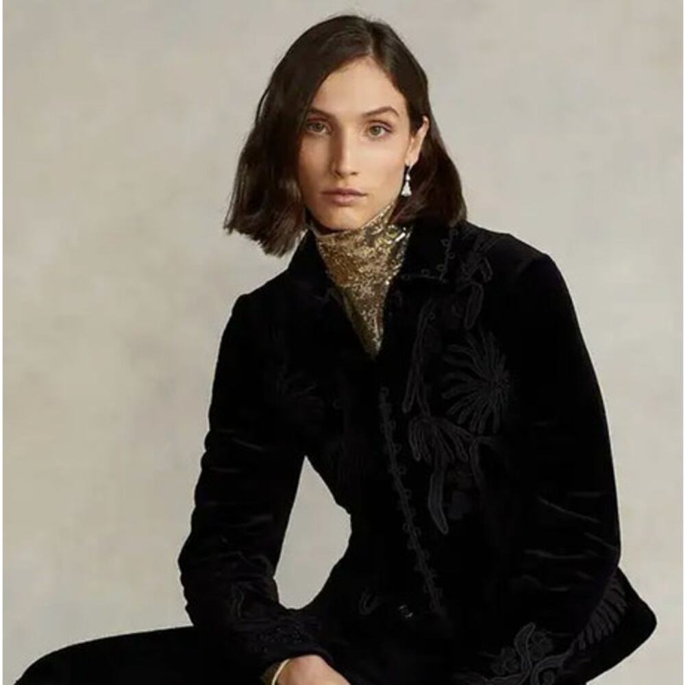POLO RALPH LAUREN Sz 8 Black Soutache Trim Velvet Blazer Jacket